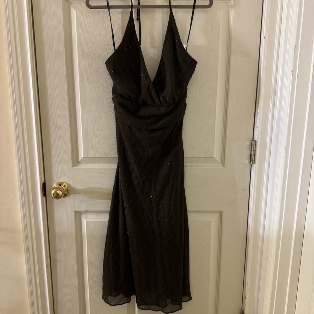 Chris‎ McLaughlin Brown Halter Cocktail Dress Beaded Chiffon Size 14 NWT